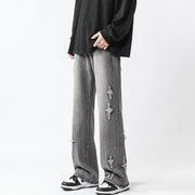 Men Jeans Cross Embroidery Straight-Leg Pants Spring Loose Retro Oversized Casual Trousers