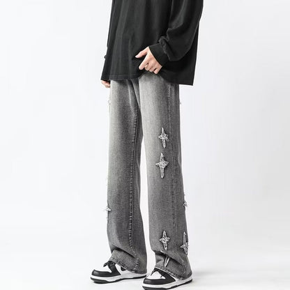 Men Jeans Cross Embroidery Straight-Leg Pants Spring Loose Retro Oversized Casual Trousers