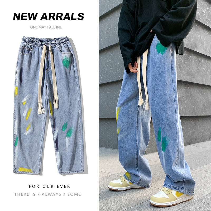 Men Jeans Graffiti Jeans Men's Spring and Autumn plus Size Hip Hop Wide-Leg Pants Straight Loose