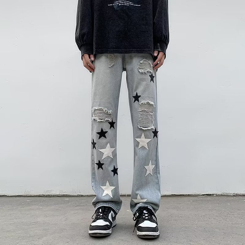 Men Jeans Five-Pointed Star Ripped Jeans Men's Spring Loose Straight Wide-Leg Pants