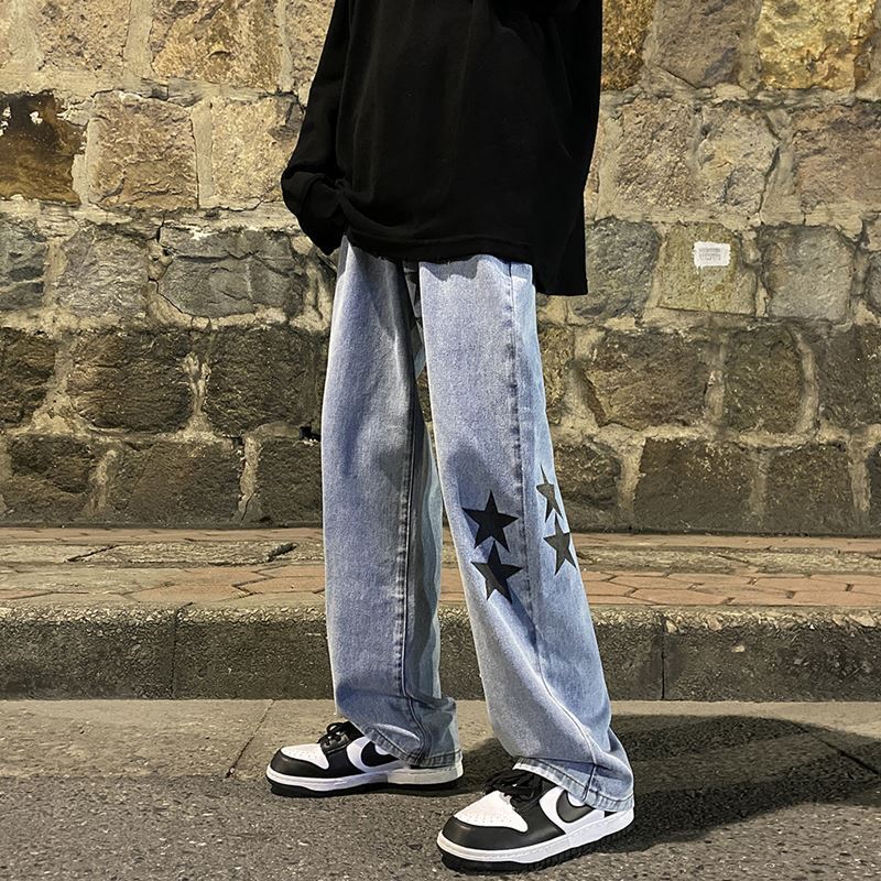 Men Jeans Five-Pointed Star Gray Jeans Men's Loose Straight Wide-Leg Pants Spring and Autumn