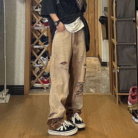 Men Jeans Ripped Jeans Men's Summer Worn Looking Washed-out Retro Straight-Leg Wide-Leg Pants