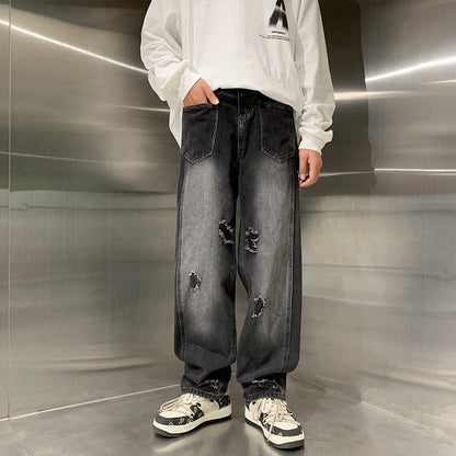 Men Jeans Ripped Jeans Men Autumn Winter Retro Straight Wide Leg Casual Trousers