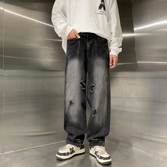 Men Jeans Ripped Jeans Men Autumn Winter Retro Straight Wide Leg Casual Trousers