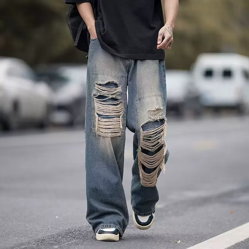 Men Jeans Retro Tattered Jeans Jeans Men's Summer Washed Distressed Loose Wide-Leg Straight Pants