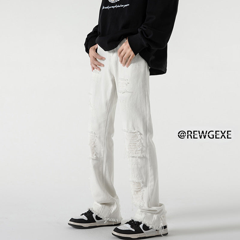 Men Jeans Black Jeans Men's Spring and Autumn Straight-Leg Pants Ripped Leisure Trousers