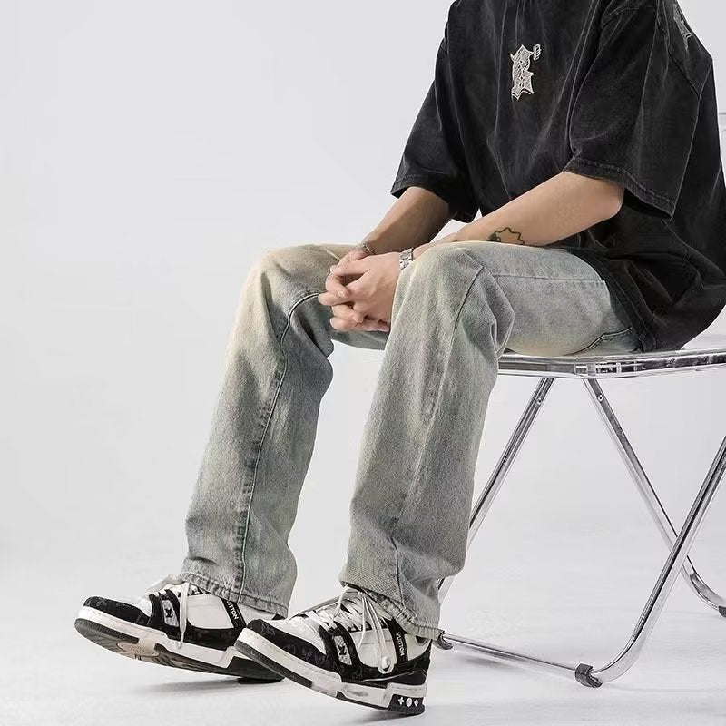 Men Jeans Washed Jeans Men's Summer Loose Straight Distressed Casual Pants