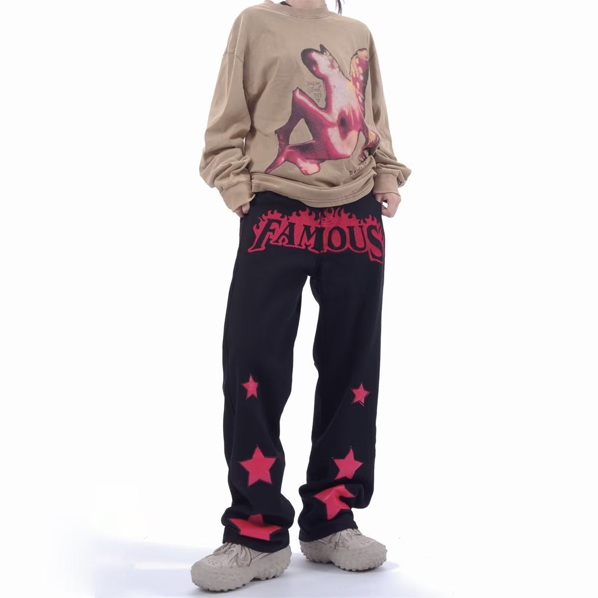 Men Jeans XINGX Paste Cloth Embroidery Jeans Retro Hip Hop Straight Loose Trousers