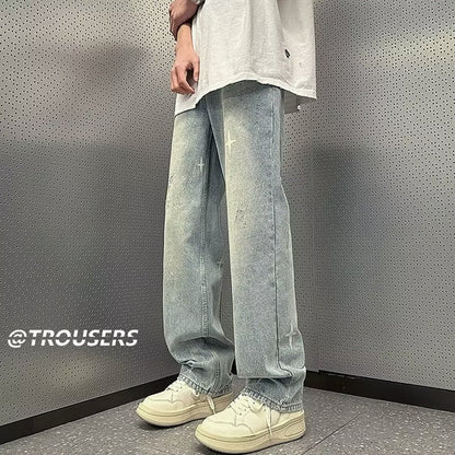 Men Jeans Washed Jeans Men's Summer Loose Retro Hiphop Straight-Leg Pants