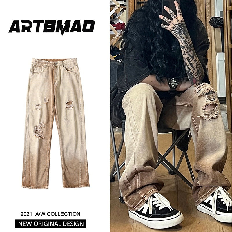 Men Jeans Ripped Jeans Men's Summer Worn Looking Washed-out Retro Straight-Leg Wide-Leg Pants