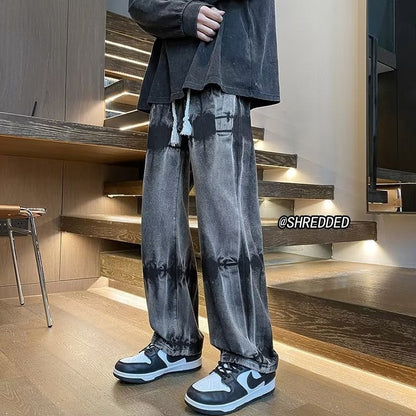 Men Jeans Tie-Dyed Vintage Jeans Autumn and Winter Straight Wide-Leg Pants Casual Pants