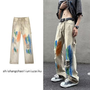 Men Jeans Washed Jeans Ripped Tie-Dye Pants Men Straight-Leg Pants