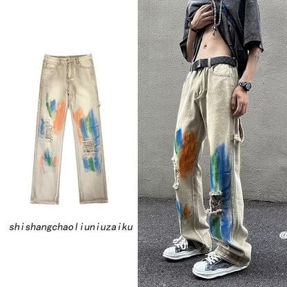 Men Jeans Washed Jeans Ripped Tie-Dye Pants Men Straight-Leg Pants