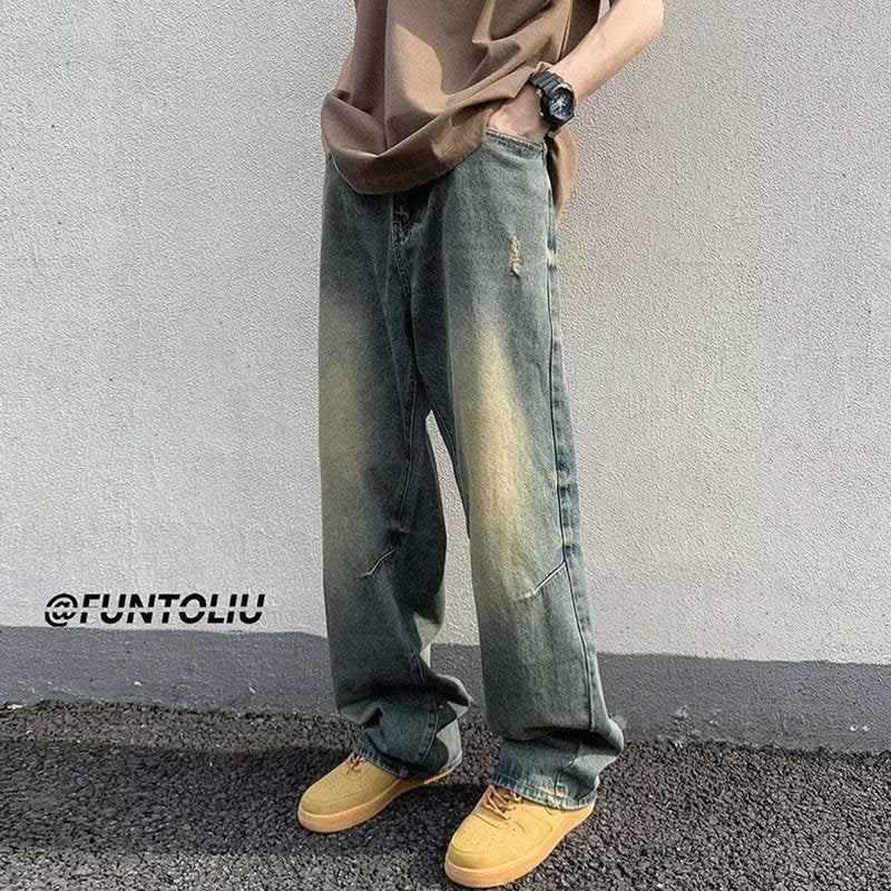 Men Jeans Washed Worn Jeans Loose Wide-Leg Straight Pants