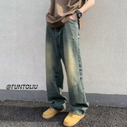Men Jeans Washed Worn Jeans Loose Wide-Leg Straight Pants