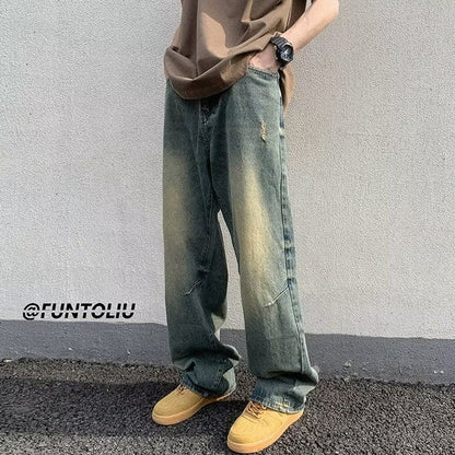 Men Jeans Washed Worn Jeans Loose Wide-Leg Straight Pants