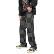 Men Jeans Chessboard Plaid Jeans Autumn Straight Wide-Leg Pants Retro Loose Trousers