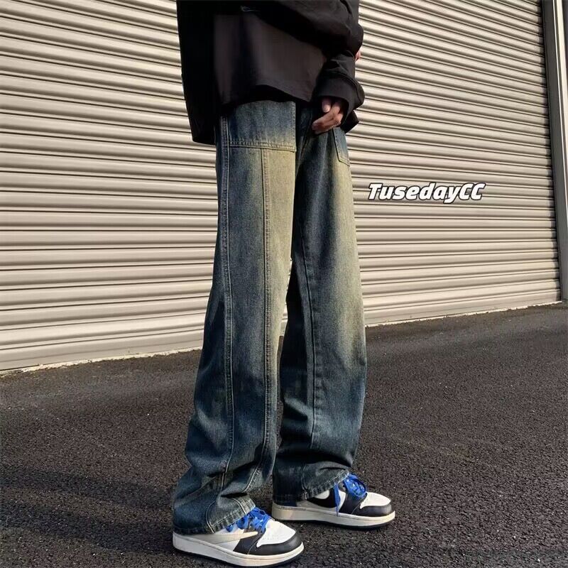 Men Jeans Retro Washed Spring Straight-Leg Pants