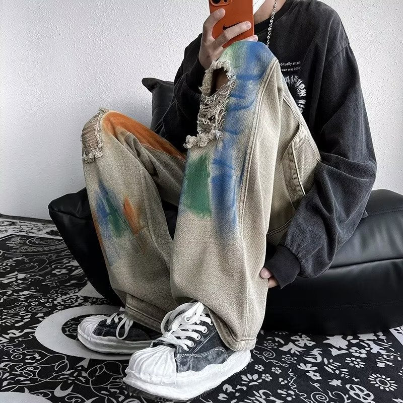 Men Jeans Hiphop Tie-Dyed Ripped Jeans Graffiti Tooling Straight Wide-Leg Pants
