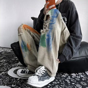 Men Jeans Hiphop Tie-Dyed Ripped Jeans Graffiti Tooling Straight Wide-Leg Pants