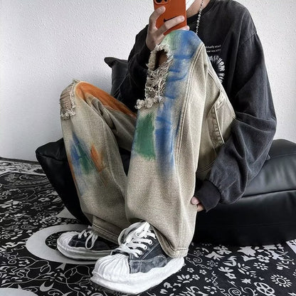 Men Jeans Hiphop Tie-Dyed Ripped Jeans Graffiti Tooling Straight Wide-Leg Pants