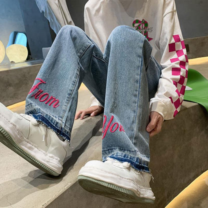 Men Jeans Straight-Leg Pants Loose Casual Spring and Autumn Denim Trousers Hip Hop