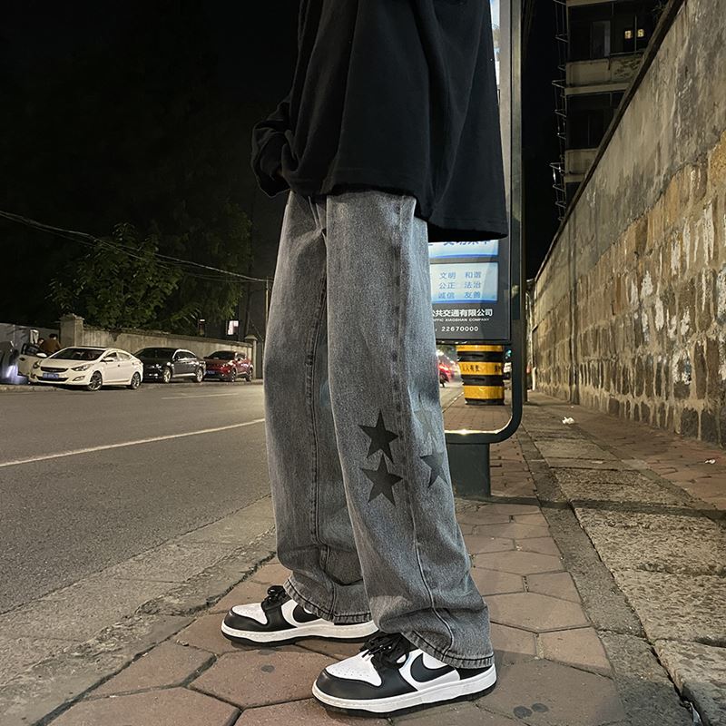 Men Jeans Five-Pointed Star Gray Jeans Men's Loose Straight Wide-Leg Pants Spring and Autumn