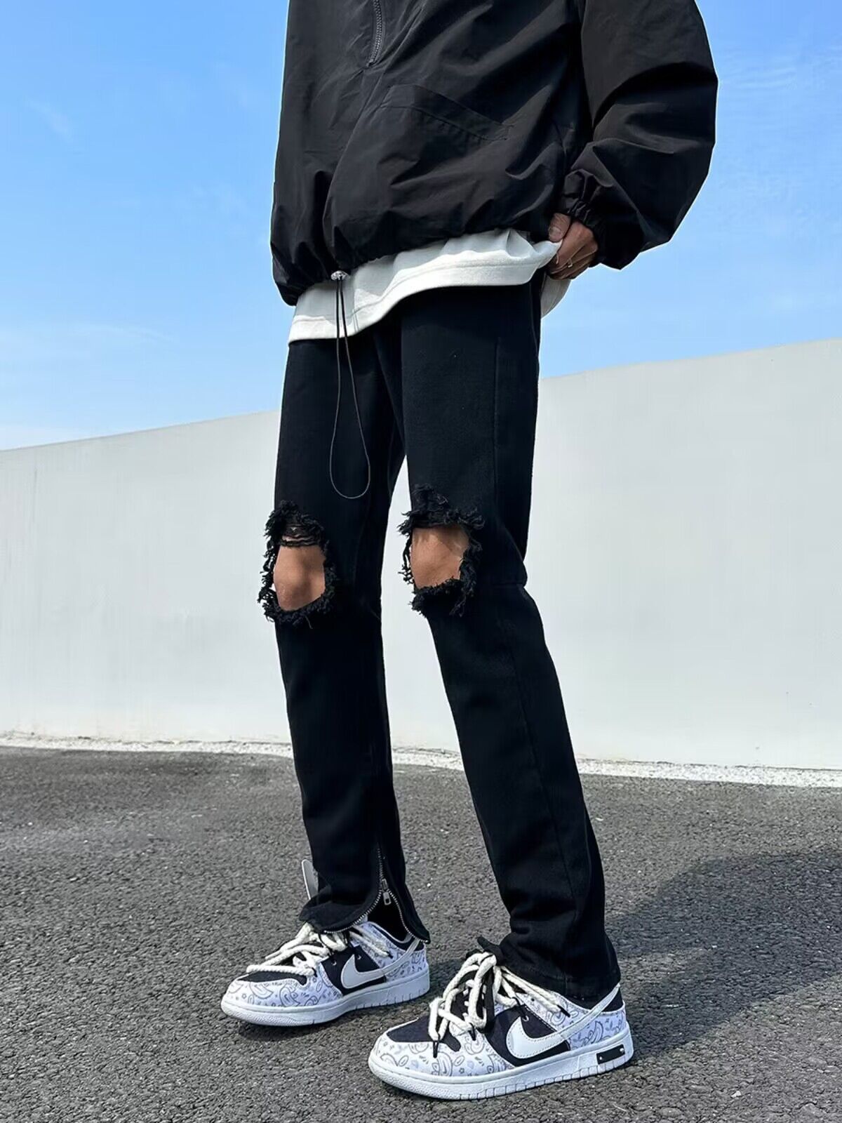 Men Jeans Black Ripped Zipper Jeans Summer Straight-Leg Trousers