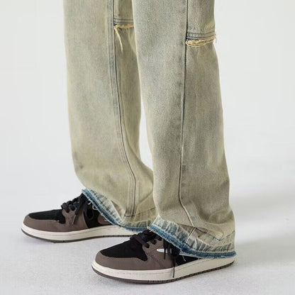 Men Jeans Retro Washed Jeans Men's Loose Straight Bootleg Pants