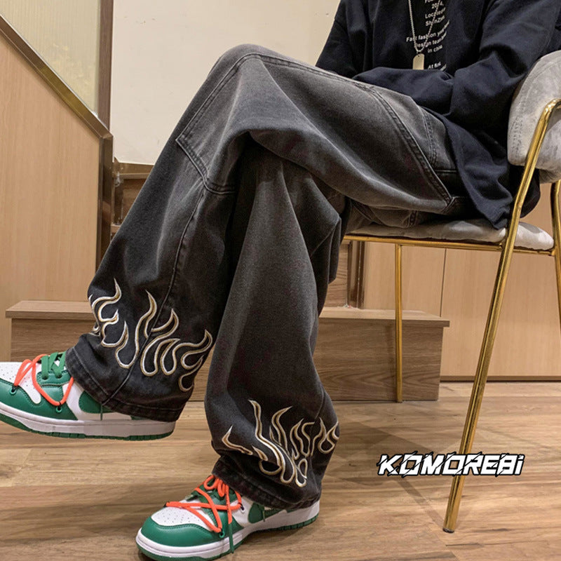Men Jeans Retro Loose Wide Leg Pants Straight-Leg Trousers