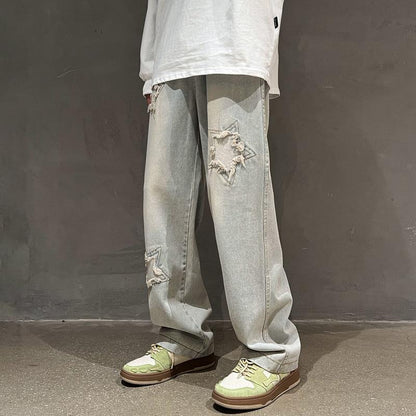 Men Jeans Oldschool Ripped Jeans Men's Summer Loose Straight P Pants