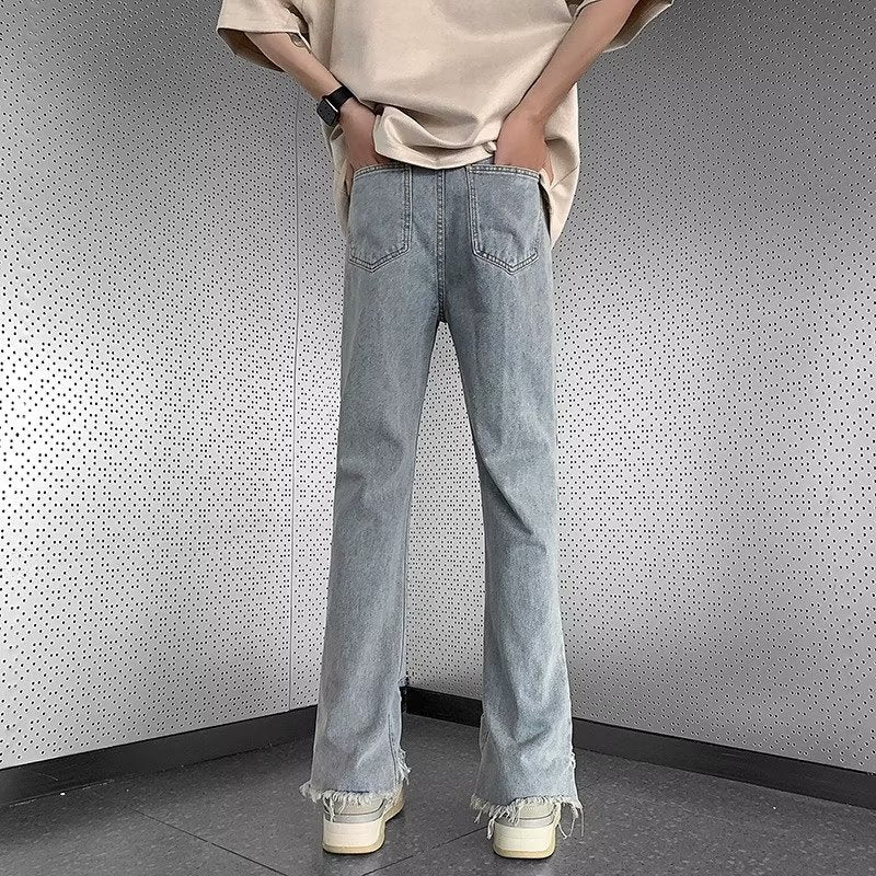 Men Jeans Raw Hem Ripped Skinny Jeans Summer Baggy Straight Trousers
