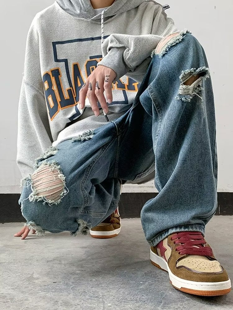 Men Jeans Ripped Jeans Men Autumn Straight-Leg Trousers