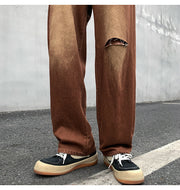 Men Jeans Vintage Brown Jeans Summer Straight Ripped Trousers