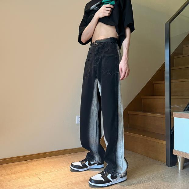 Men Jeans Vintage Multi-Pocket Jeans Oldschool Pants Loose Wide Leg Pants
