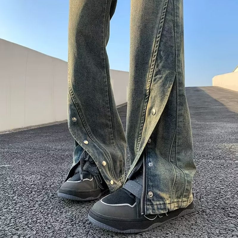 Men Jeans Slim Fit Bootcut Trousers Slit Pants