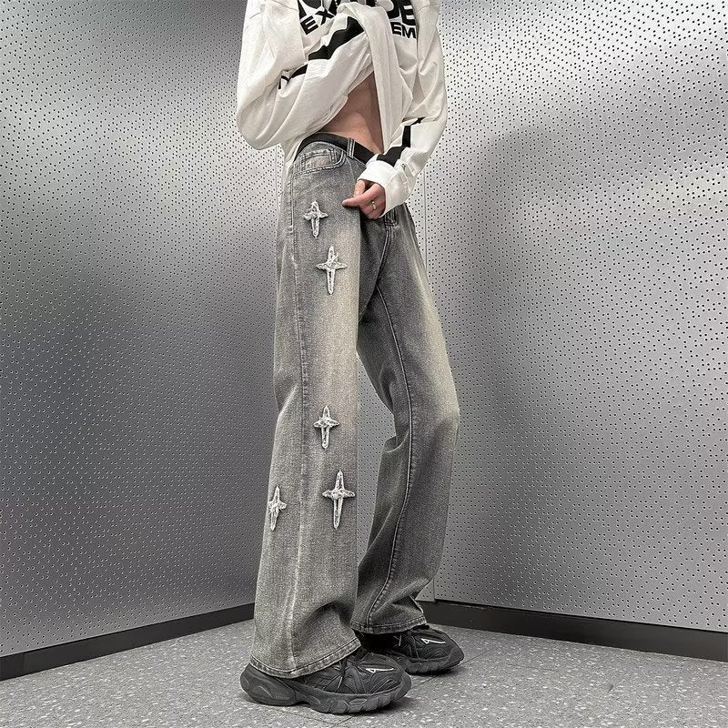 Men Jeans Straight Oversize Summer Slightly Flared Wide Leg Pants