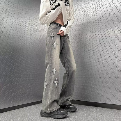 Men Jeans Straight Oversize Summer Slightly Flared Wide Leg Pants