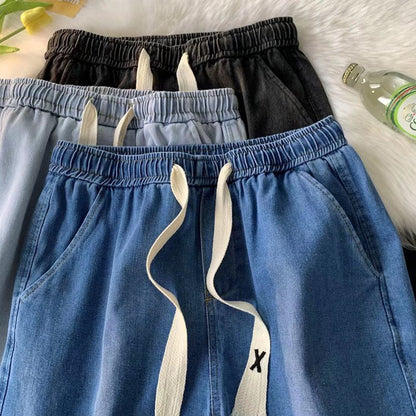 Men Jeans Straight Loose Summer Light Color Retro Casual Wide Leg Pants