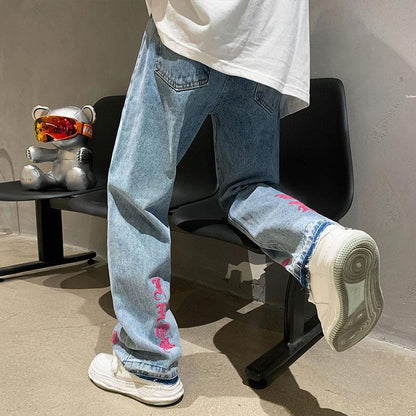 Men Jeans Straight-Leg Pants Loose Casual Spring and Autumn Denim Trousers Hip Hop