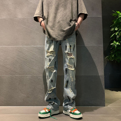 Men Jeans Straight Jeans Summer Ripped Trousers