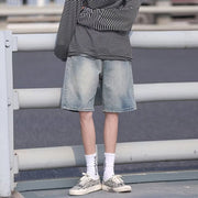Men Jeans Retro Denim Shorts Men's Summer Washed Middle Pants Straight Wide Pants