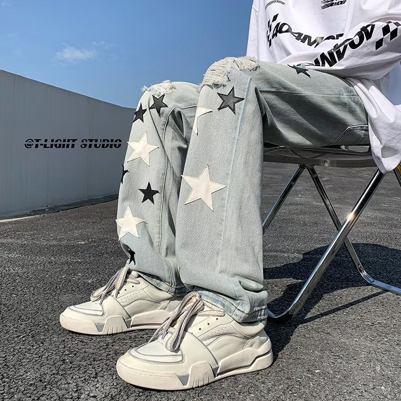 Men Jeans Five-Pointed Star Embroidered Jeans Retro Tattered Jeans Straight-Leg Pants