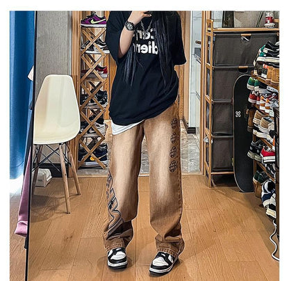 Men Jeans Vintage Jeans Spring and Autumn Distressed Baggy Straight Trousers