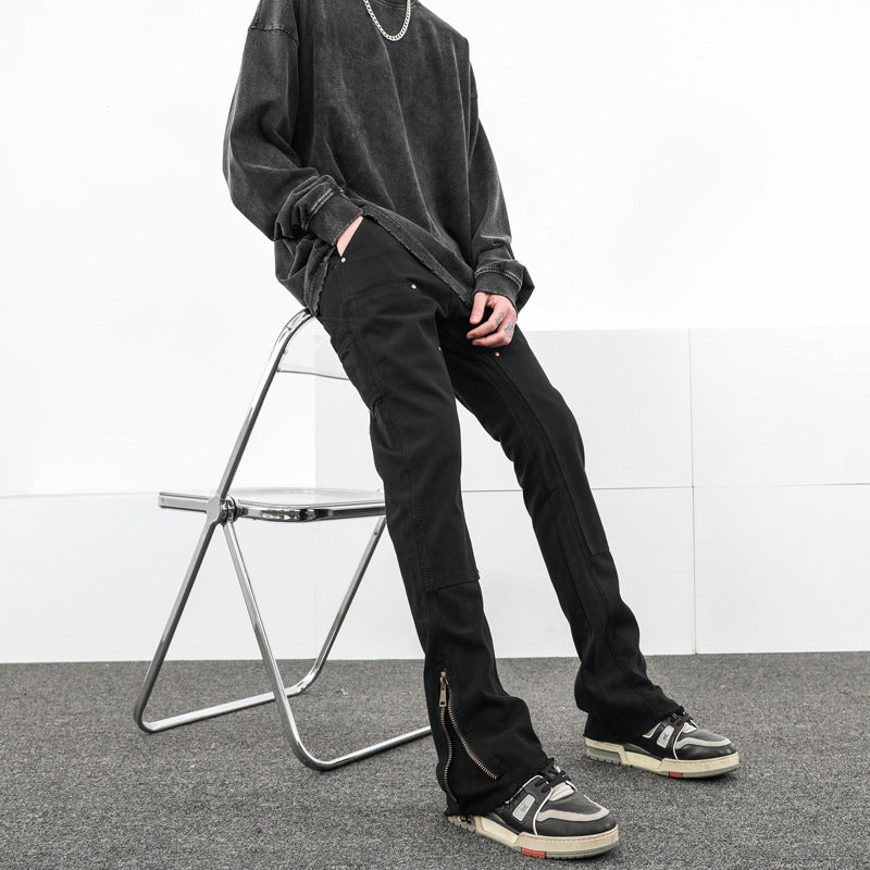 Men Jeans Casual Pants Zipper Cargo Pants Straight Bootleg Pants
