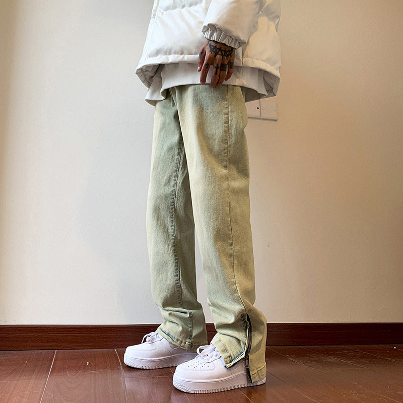 Men Jeans Zipper Dyed Jeans Men's Split Washed Straight Bootcut Trousers