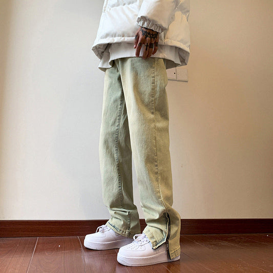 Men Jeans Zipper Dyed Jeans Men's Split Washed Straight Bootcut Trousers