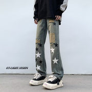 Men Jeans Five-Pointed Star Ripped Jeans Men's Spring Loose Straight Wide-Leg Pants