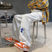 Men Jeans Cross Printed Jeans Men's Loose Straight Wide Leg Pants