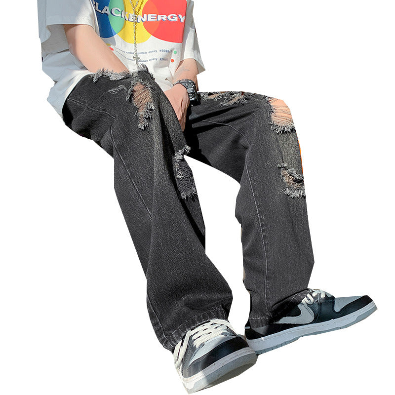 Men Jeans Ripped Jeans Loose Retro Straight-Leg Wide-Leg Pants
